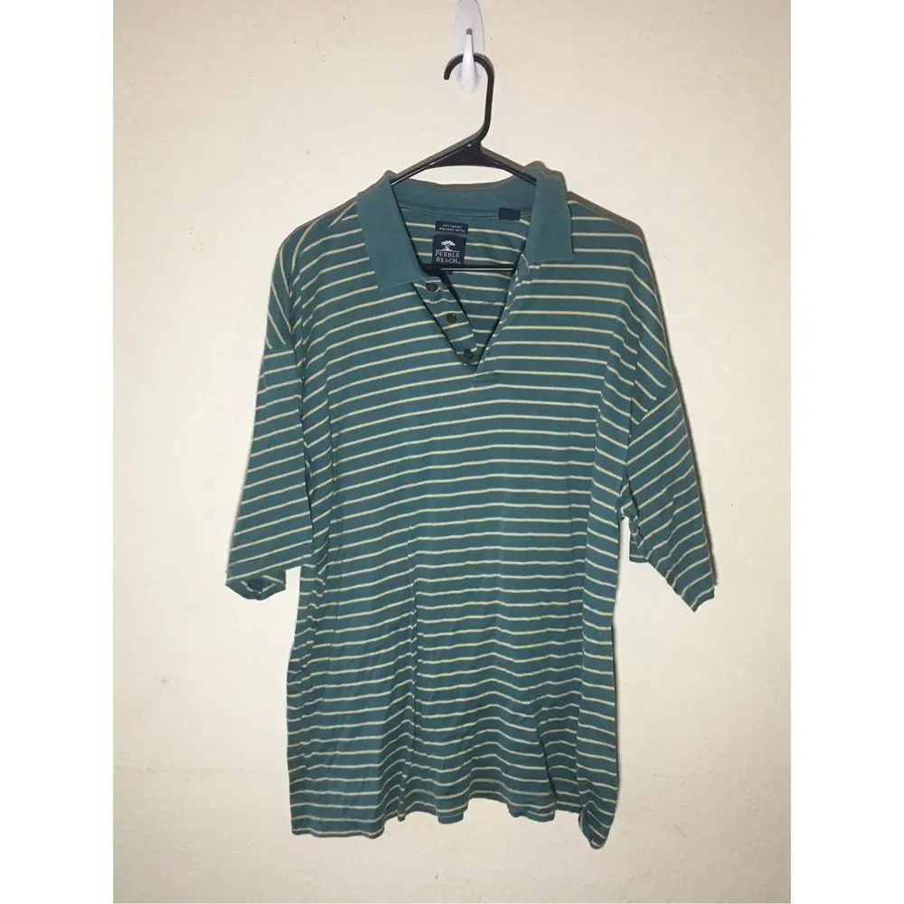 Mens Pebble Beach Polo Size Large Blue Teal Yellow Stripes Casual Summer